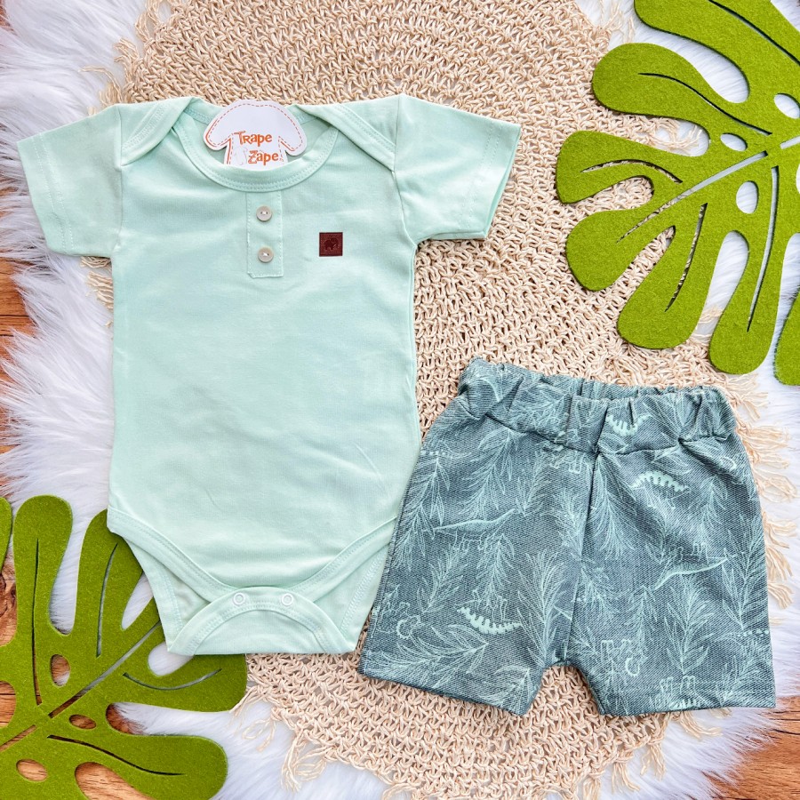 Conj. Body Manga Curta e Bermuda Folhagem Dino - Verde Menta